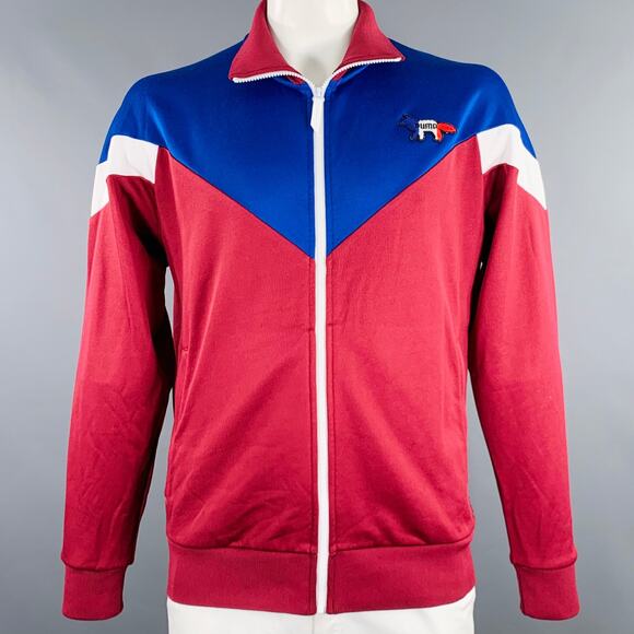 MAISON KITSUNE Size L Burgundy Blue White Color Block Track Jacket - Picture 1 of 8